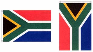 When draped vertically, the black triangle must be uppermost and the red band to your left