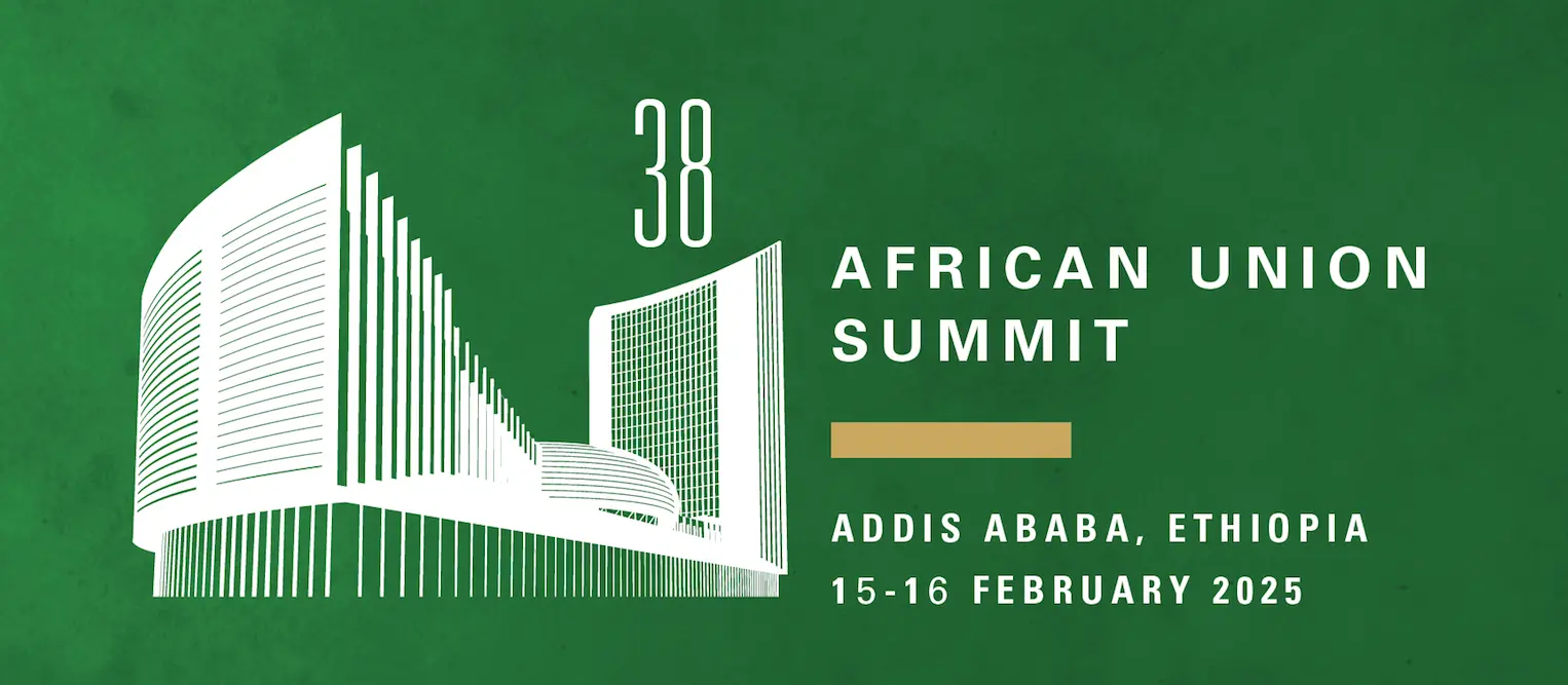 Banner for the AU Summit 2025 with a green background and white text that reads 'African Union Summit.