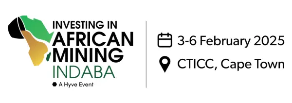 Mining Indaba logo featuring the African content with three colours, green gold and black. There is bold text reading "Investing in African Mining Indaba.The event details are displayed: 3-6 February 2025, CTICC, Cape Town, with a "Register Now" call-to-action. On a white background